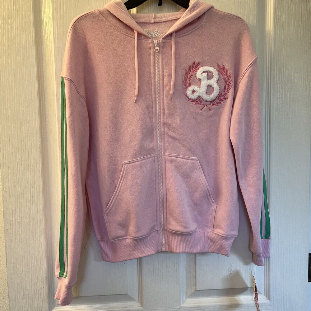 Barbie Juniors Small Pink Sweatshirt Zip Up Hoodie Kelly Green Stripes NWT
